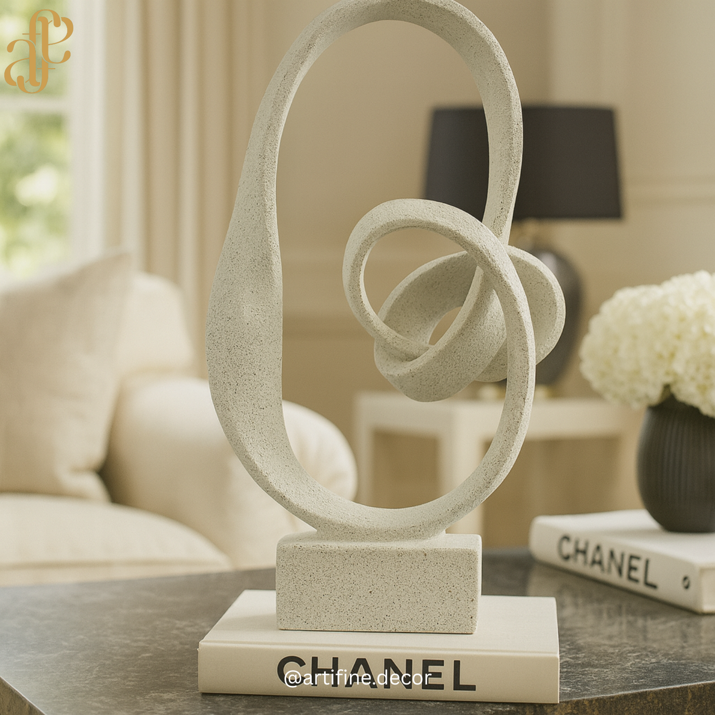 Interlocking Abstract Loop Sculpture – White Stone Finish