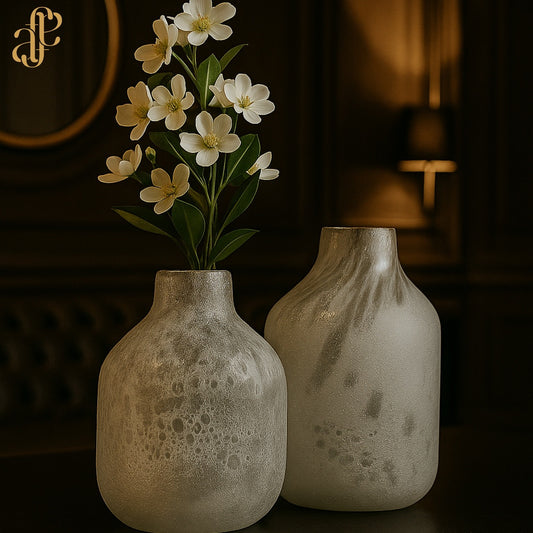 Frosted Glass Vase Duo – Moon Texture Finish with Floral Accent